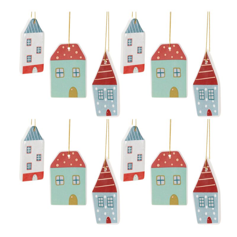 Set of 12 Ceramic Winter House Ornaments for Holiday Tree or Mantel Display