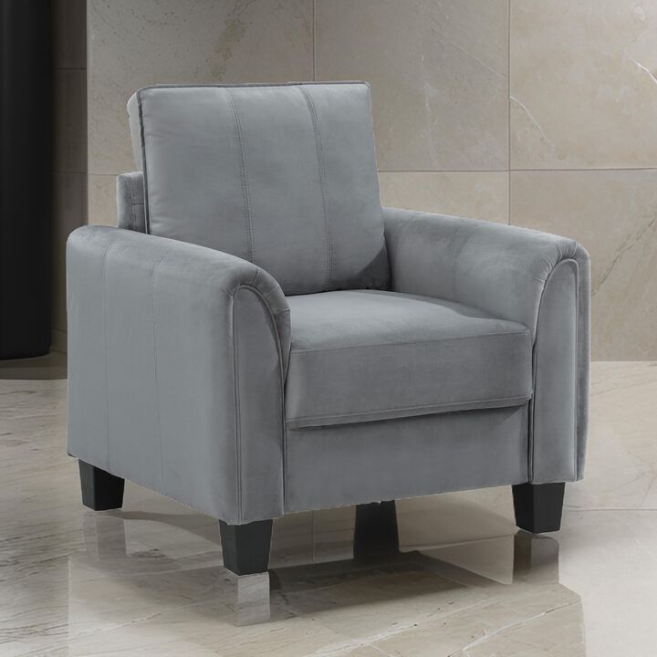 Dave Accent Chair, Gray Fabric, Rounded Armrests, Black Tapered Legs