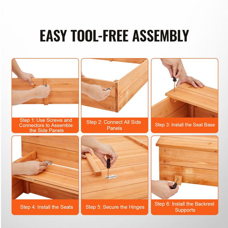 Wooden Outdoor Sandbox with Foldable Benches, Sand Pit with Bottom Liner for Boys and Girls-Natural image number 4