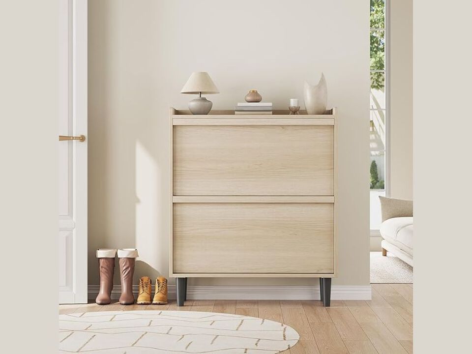 Entryway Wood Shoe Storage Cabinet Flip Drawer Adjustable Shelves Natural Oak