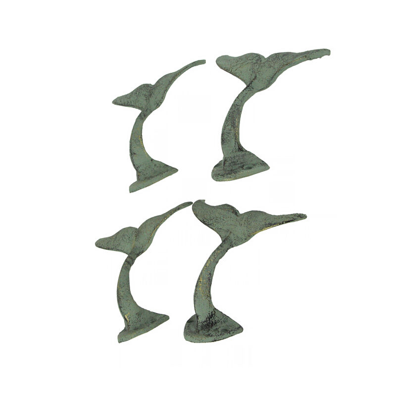 Set of 4 Durable Cast Iron Whale Tail Wall Hooks with Verdigris Green Finish - Nautical Decorative Hooks for Coats, Robes, or Leashes - 4.5 Inches Long image number 1