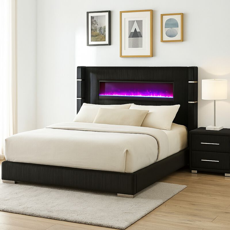 Caro King Bed, Wingback Panel w LED Flame, Black Corduroy Upholstery