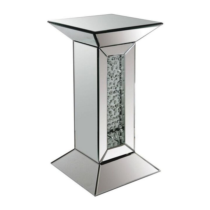 24 Inch Modern End Table, Square Mirror Top, Faux Crystals Inlay, Silver-Benzara