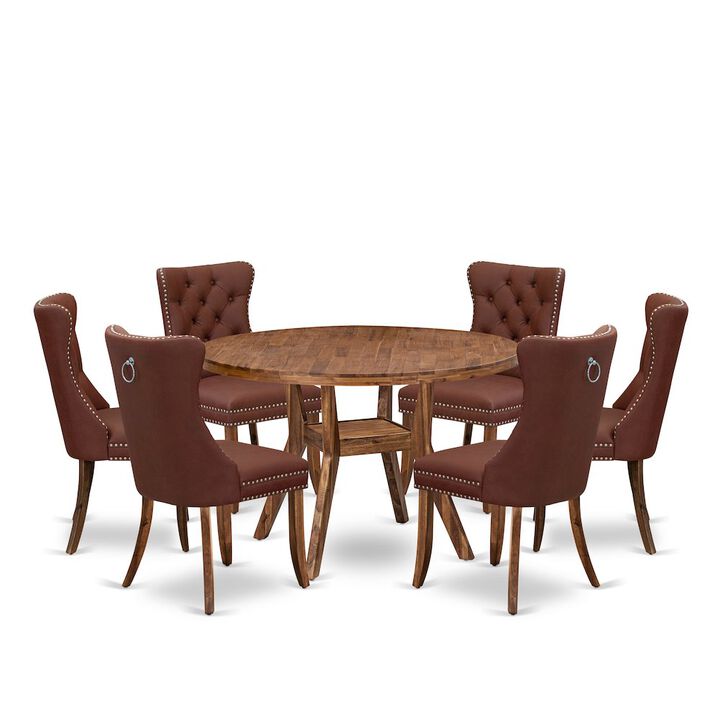 7-Pc Dining Room Set Include A Modern Table And 6 Burgundy Upholstered Chairs