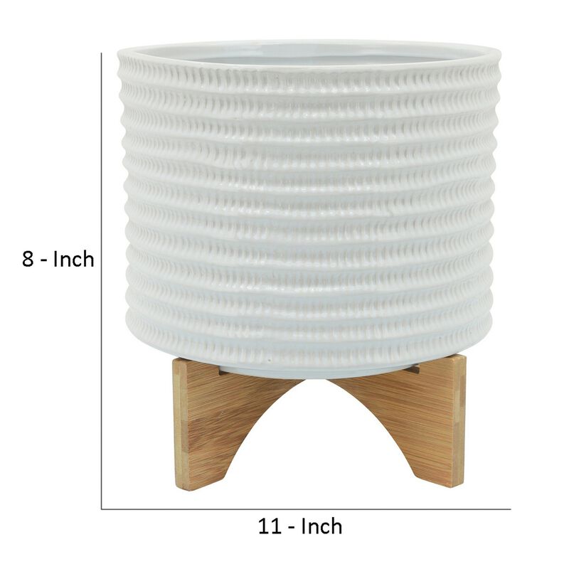 Ceramic Planter with Textured Pattern and Wooden Stand, White-Benzara