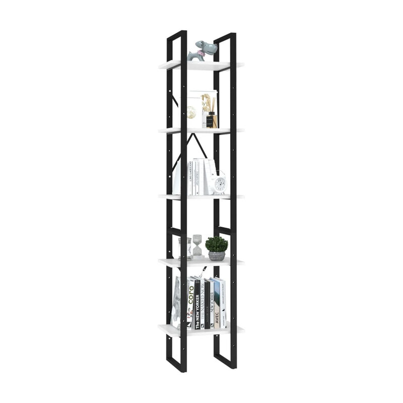 5 Tier Bookshelf Unit, Open White Wood Racks, 41 Inch Black Metal image number 3
