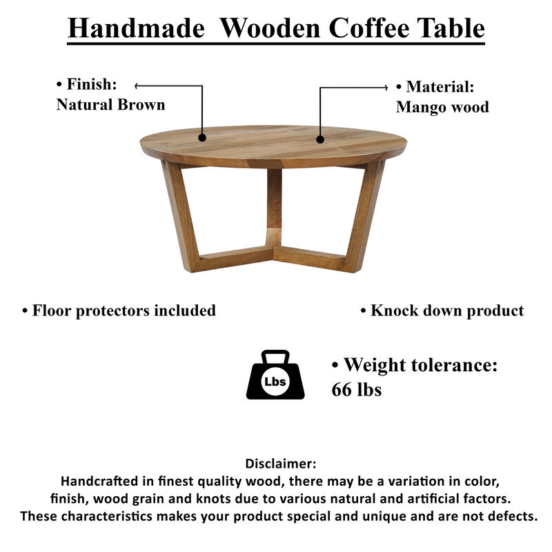 Nina 30 inch Round Mango Wood Coffee Table - Handcrafted Natural Brown, Sturdy 3-Leg Sled Base