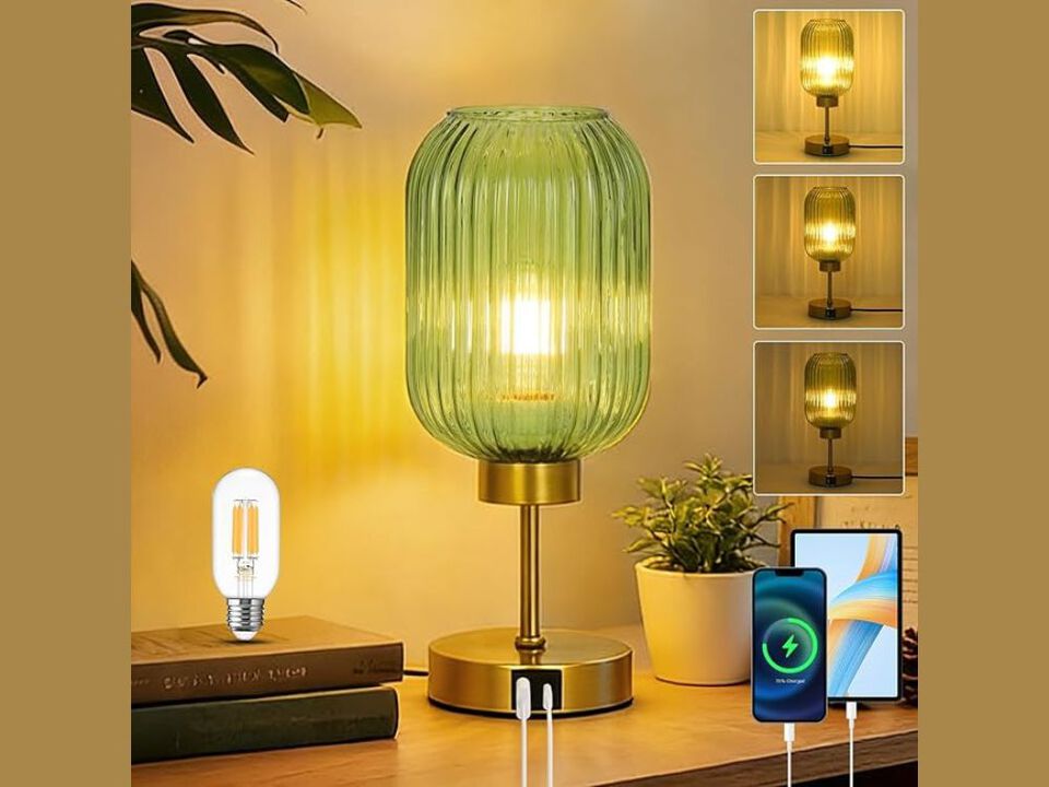 Table Lamp &ndash; Vintage Green Glass Bedside Light, 3‑Way Dimmable Gold USB Desk Lamp