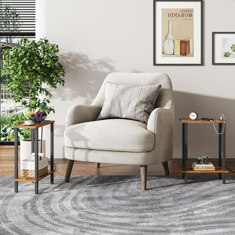 TUTOTAK Small End Table with Charging Station, Narrow Side Table with USB Ports and Outlets, Skinny Sofa Table, Slim Nightstand,