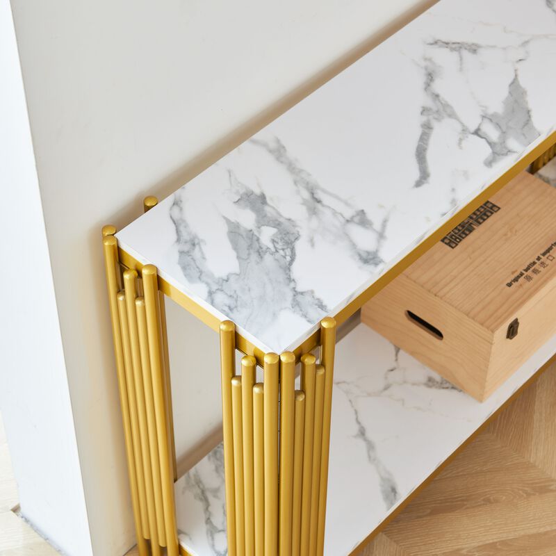 Modern Gold Console Table with Marble Effect Top & Metal Frame, 48-Inch Hallway Solution