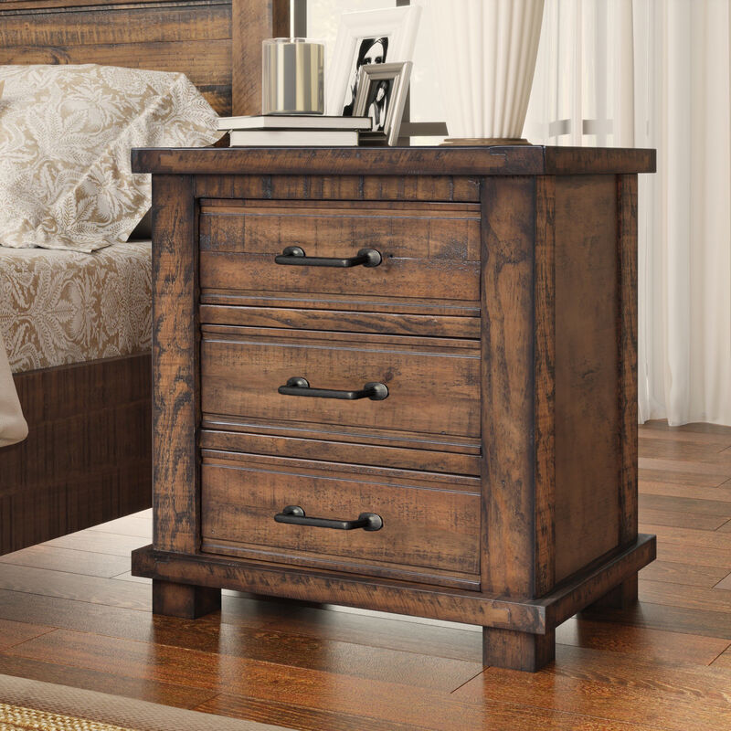 Rustic Nightstand with Drawers &ndash; Reclaimed Solid Wood Farmhouse Bedside Table with Three Storage Drawers