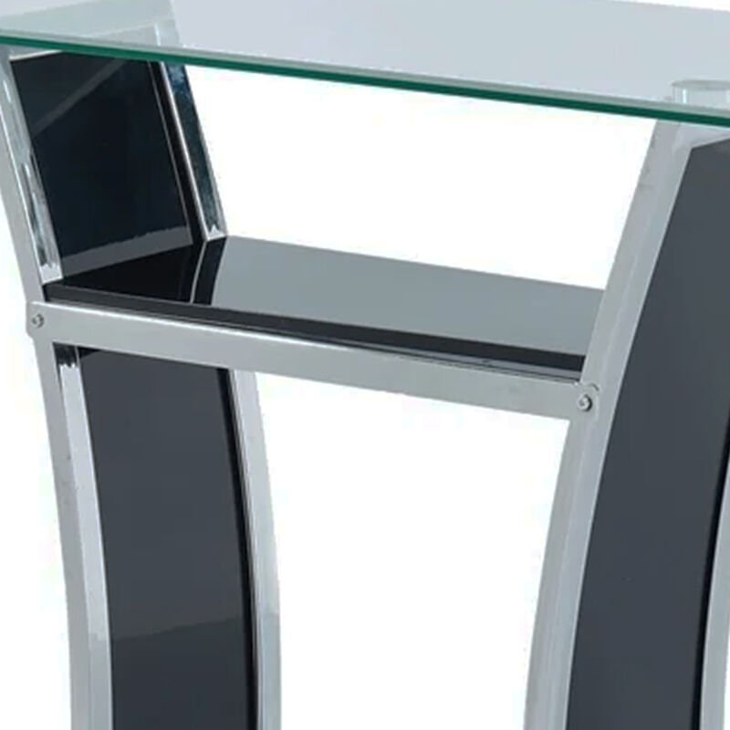 Sofa Table with Chrome Trimmed Curved Sides and Open Bottom Shelf, Black-Benzara