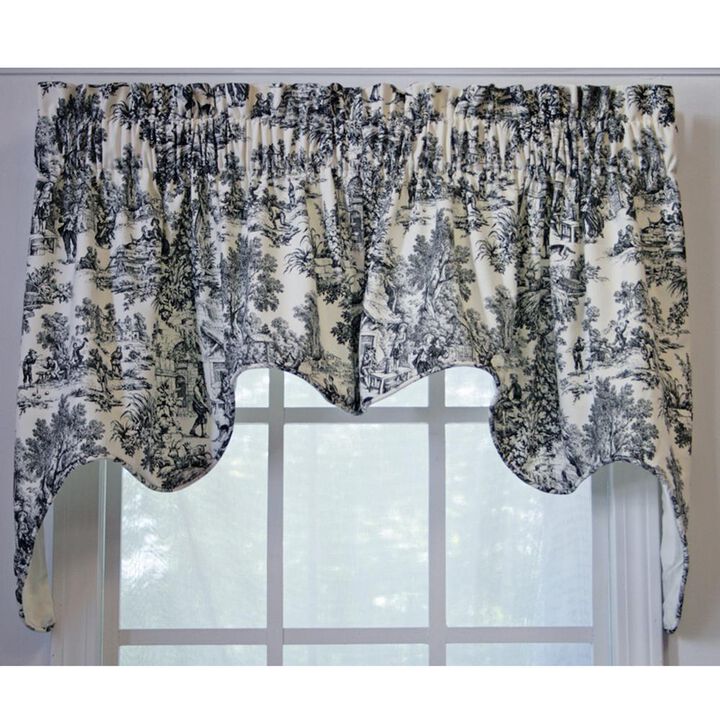 Ellis Curtain Victoria Park Toile High Quality Classic Print Swag Lined Empress Window Valance - 2-Piece - 70 x28", Black