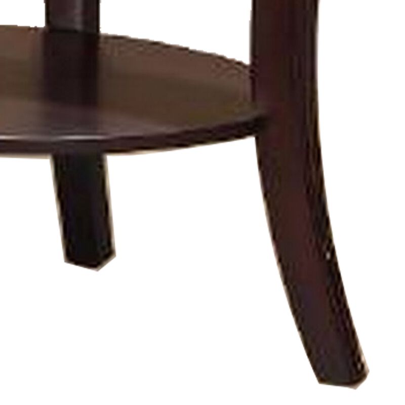 Lyn 31 Inch Side End Table with Oval Glass Top and Lower Shelf, Brown Wood