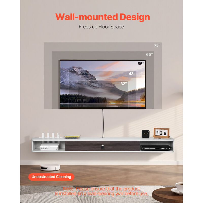 Floating TV Stand with Storage Cabinet, Wall Mounted Entertainment Center with Cable Management-White image number 4