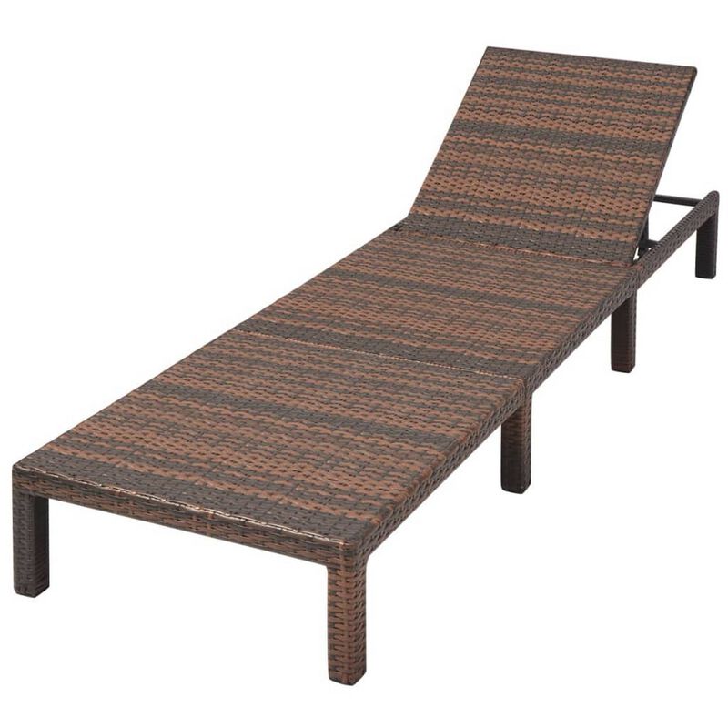 Outdoor Sun Lounger with White Cushion, Adjustable Back, Brown Wood - Benzara
