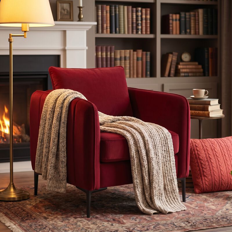 GOODSILO Mid-Century Modern Velvet Accent Chair Comfy Single Armchair with Pillow and Metal Legs for Living Room Bedroom Office image number 4
