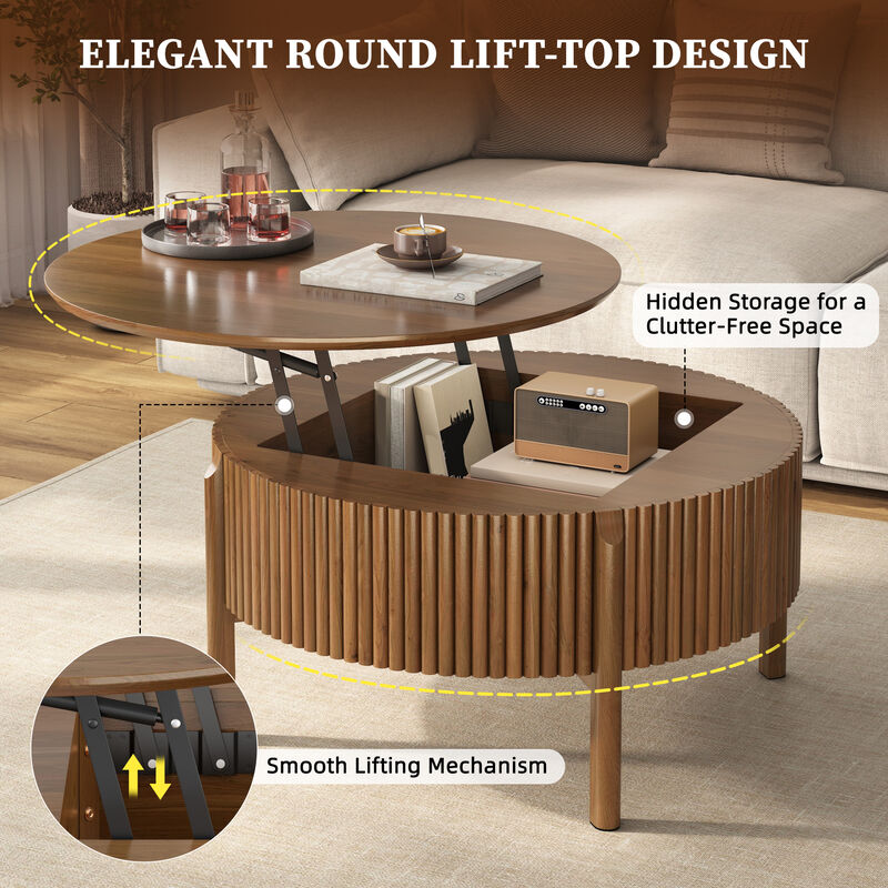 Whisen 30.3" Round Lift Top Coffee Table, Solid Wood Hidden Storage Modern Farmhouse Center Table for Living Room image number 7