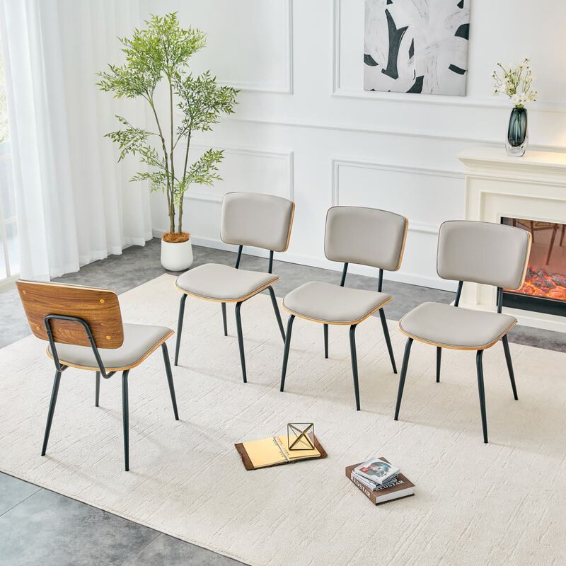 Set of 4 Dining Chairs PU Leather Dining Chairs with open back walnut veneer back Dining Chairs with metal legs leveling feet image number 4