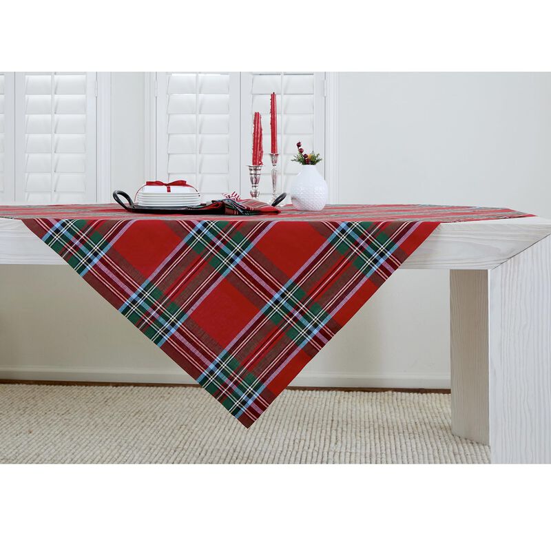 Solino Home 100% Pure Linen Table Throw - Madras Holiday Plaid