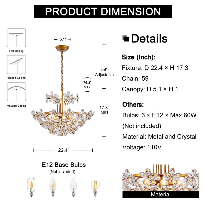 Rosa Modern 6-Light 22.4" Glam Ribbed Glass Flower Chandelier - Low-gloss Brushed Brass Finish image number 8