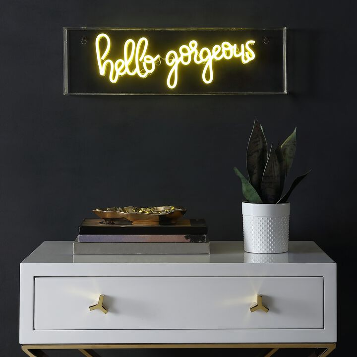 Hello Gorgerous 20" Contemporary Glam Acrylic Box USB Operated LED Neon Light, Yellow