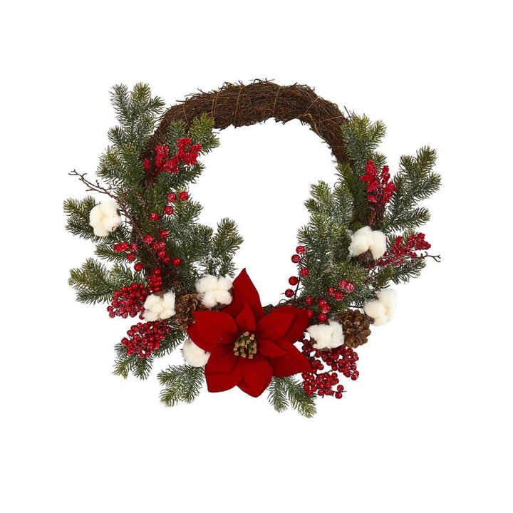 Nearly Natural 19-in Poinsettia with Berries and Cotton Artificial Wreath