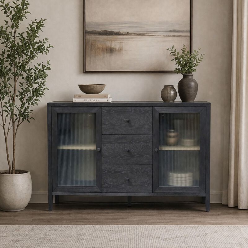 Asim Sideboard Cabinet, 2 Fluted Glass Doors, 3 Drawers, Black 60 Inch image number 1