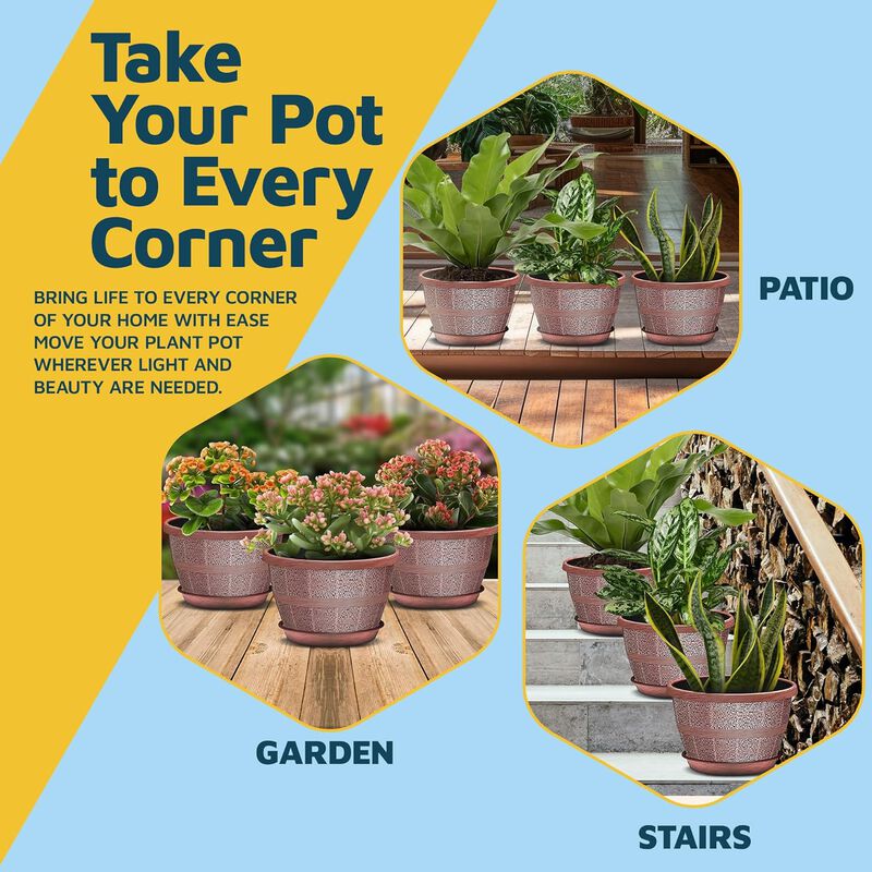 10-Inch Whiskey Barrel Planters Outdoor Pack of 20 - Durable Plastic Plant Pots for Indoor & Outdoor Use with Drainage & Saucer, Lightweight Rustic Barrel Planters for Flowers, Herbs & Small Plants image number 6