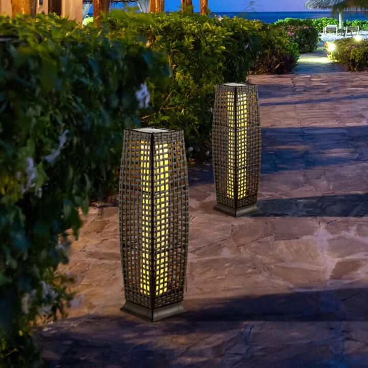 Hivvago 2 Pieces Solar-Powered Square Wicker Floor Lamps with Auto LED Light
