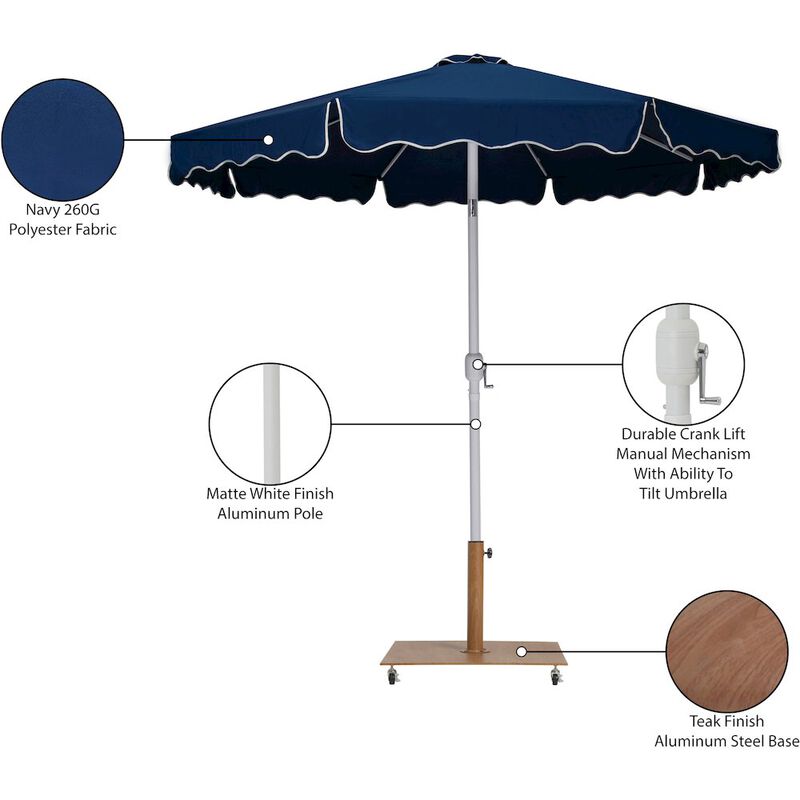 Meridian Furniture Amalfi Navy With Cream Piping / Teak Metal Patio Umbrella with Base Sets