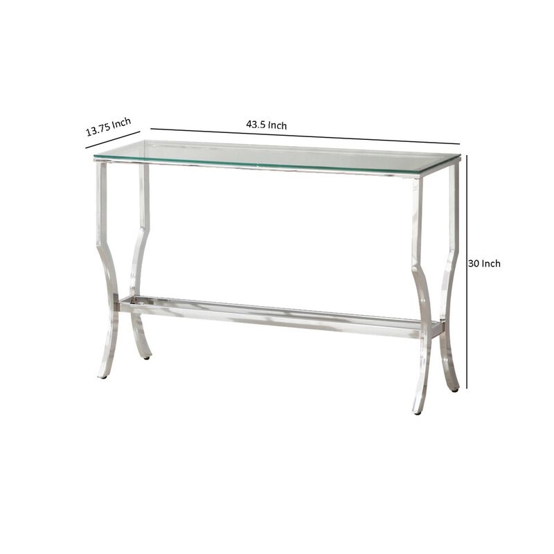 Glass Top Sofa Table with Metal Frame and Mirror Shelf, Chrome