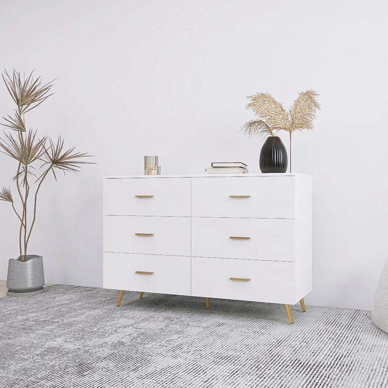 Streamdale White 6-Drawer Chest with Golden Accents