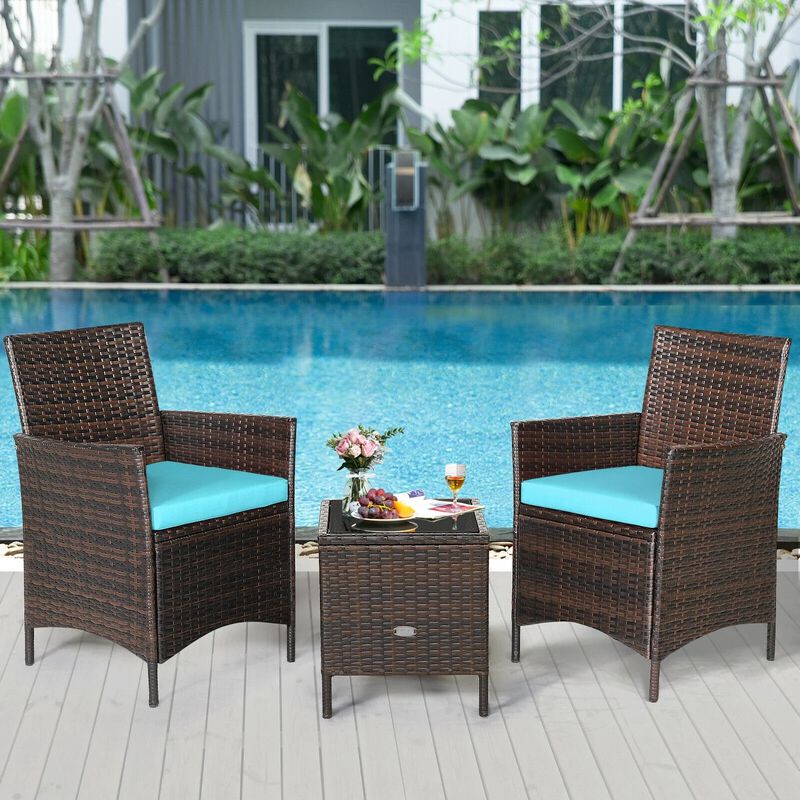 Mondawe 3 Pieces Patio Cushioned Rattan Converstaion Set With Glass Table Top