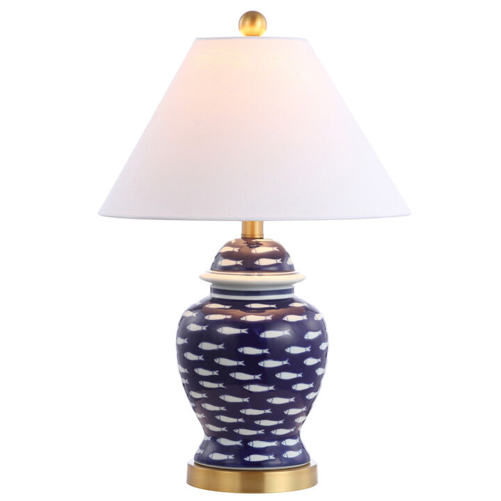 HomeRoots 22" Navy Blue White And Gold Urn Table Lamp With Empire Shade