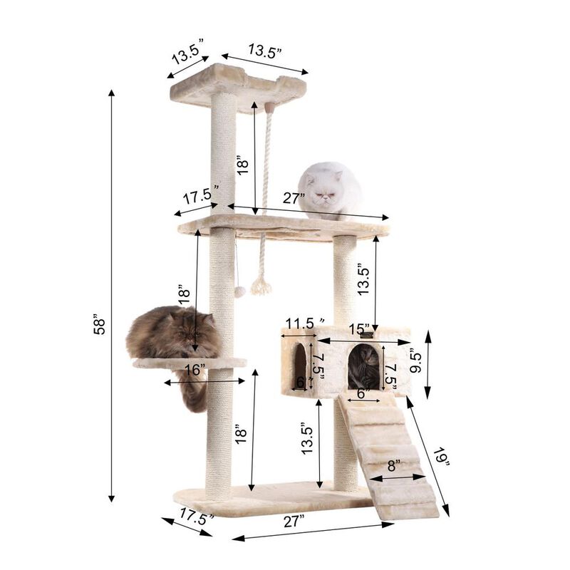 Armarkat Natural Sisal Real Wood Scratching Cat Tree 58 Height Beige