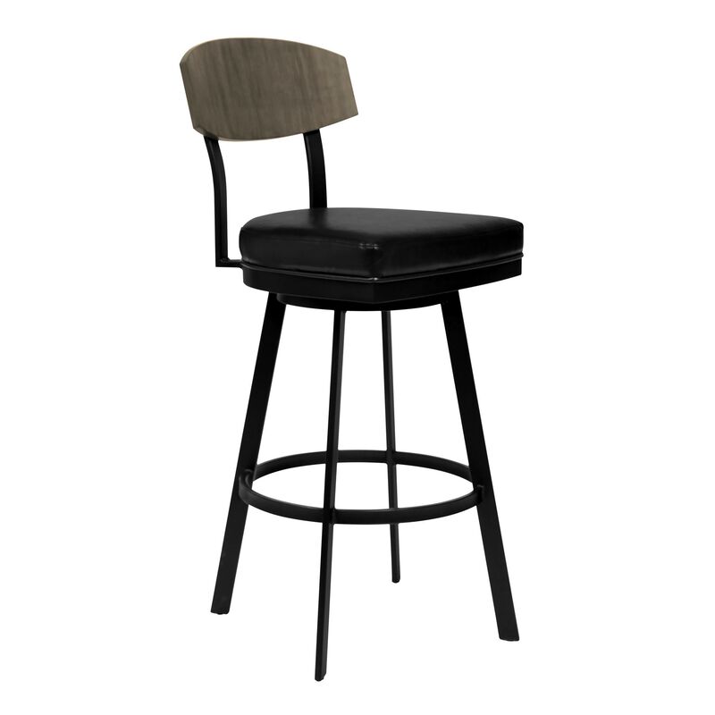 30 Inch Metal and Leatherette Swivel Barstool, Black-Benzara image number 1
