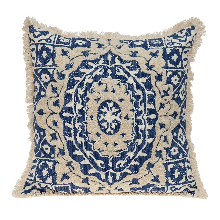 18" Beige and Blue Embroidered Ethnic Design Throw Pillow