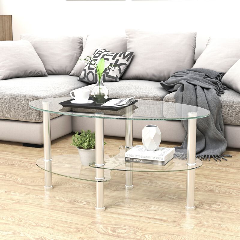 Transparent Oval Glass Coffee Table, Modern Table with Stainless Steel Leg