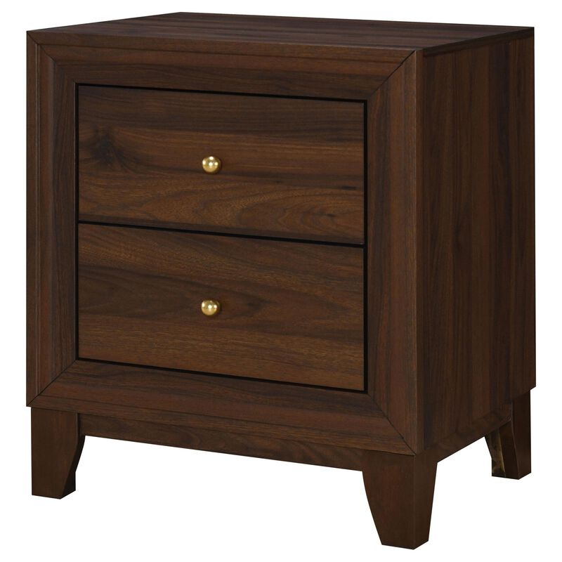 Yels Nightstand with 2 Drawers, Gold Metal Knobs, Walnut Brown