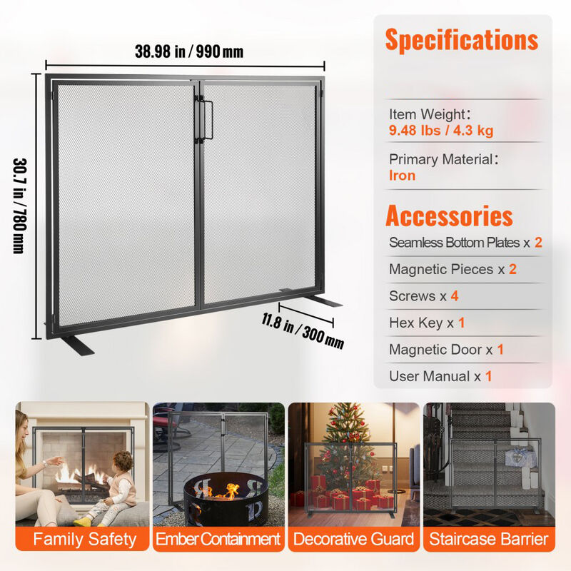 Freestanding Fireplace Spark Screen with Iron Mesh Door, Protective Fire Guard for Home-Black image number 2