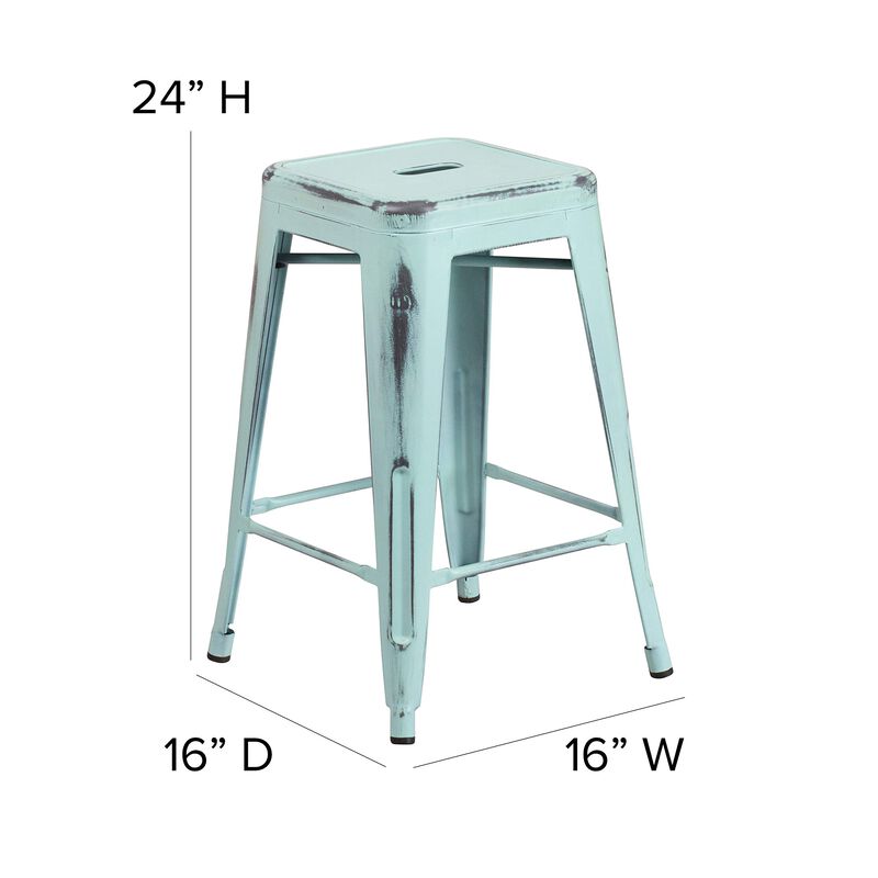 Flash Furniture Commercial Grade 24" High Backless Distressed Green-Blue Metal Indoor-Outdoor Counter Height Stool
