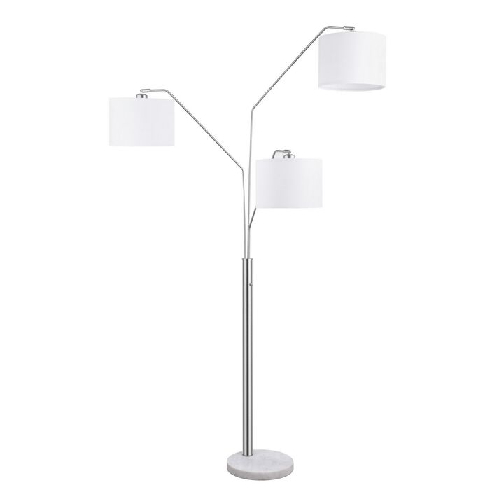 84 Inch Modern Floor Lamp, Three Drum Shades, Marble Base, White, Silver-Benzara