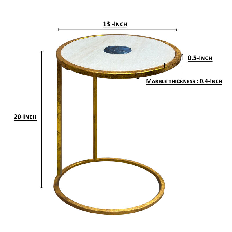 20 Inch Round Side End Table, White Marble Top with Blue Agate Stone Inlay, Gold Foil Finish Iron Frame