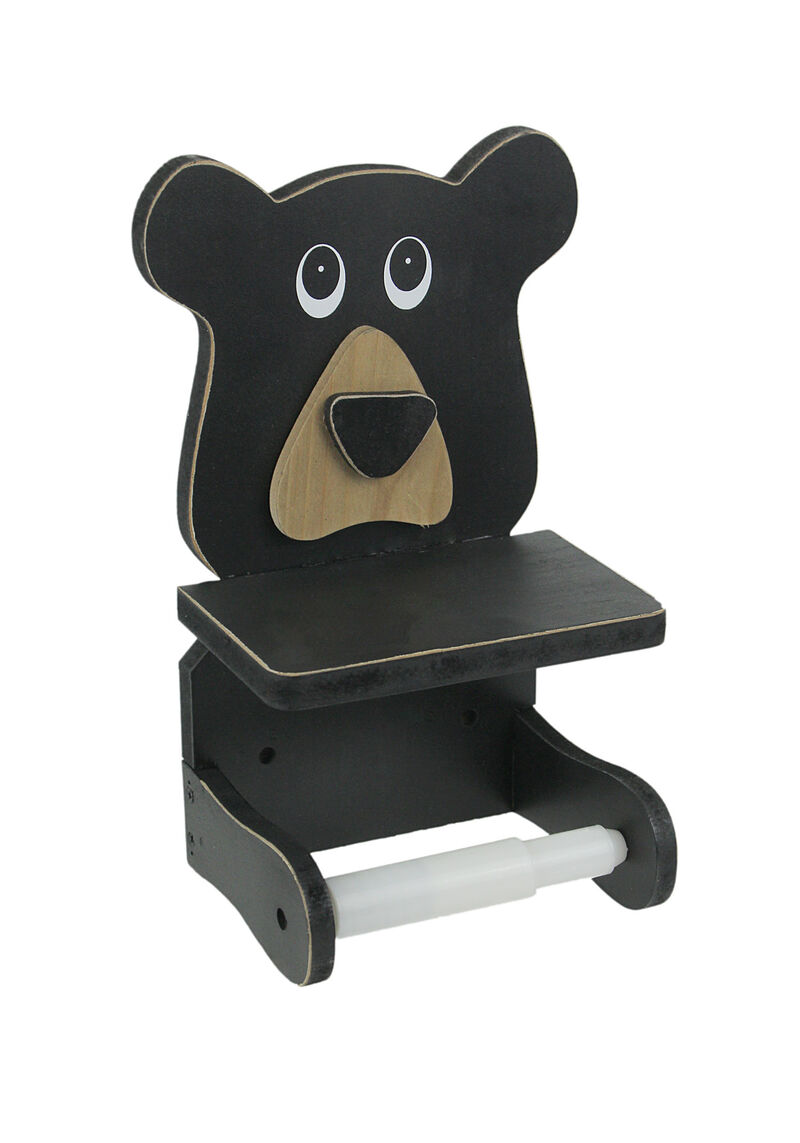 Whimsical Hand Painted Black Bear Wooden Toilet Paper Roll Holder image number 0