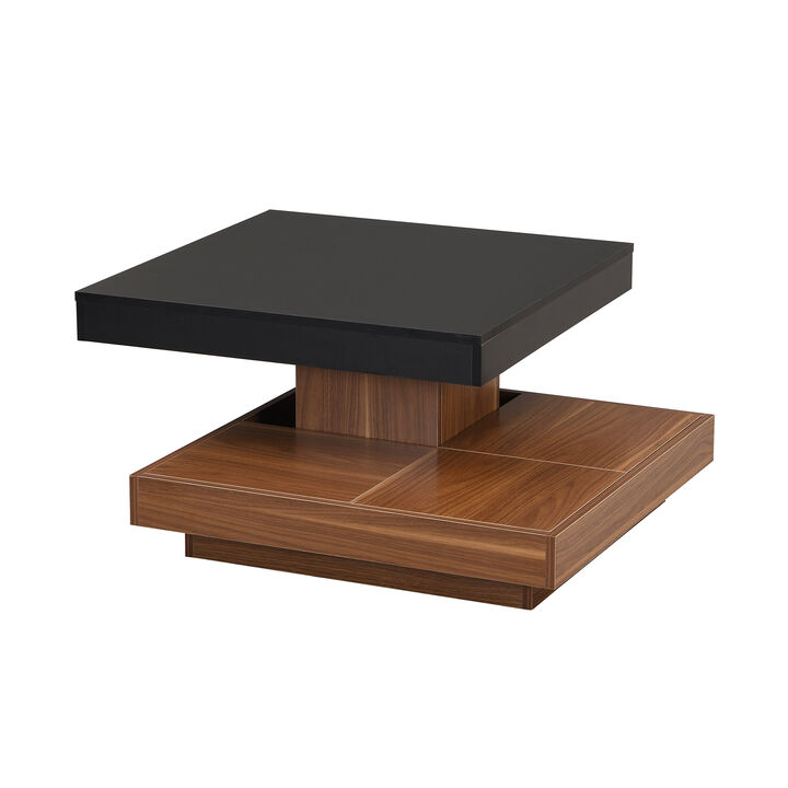 Clihome Modern Square 360°Rotating Coffee Table with Three Detachable Tray, 2-Tier Farmhouse Wood Center Table with Storage for Living Room, Black, 27.5*27.5in
