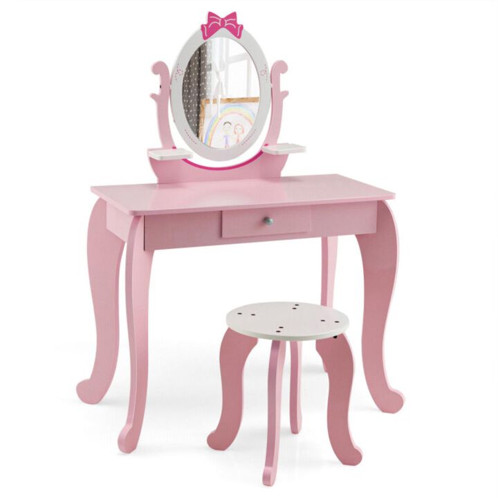 Hivvago Kid Vanity Table Stool Set with Oval Rotatable Mirror-Pink