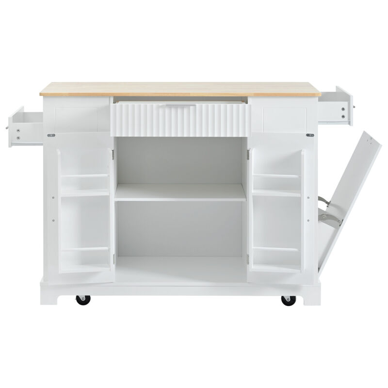 ELEMENT ACE Fluted Kitchen Island with Trash Can Storage Cabinet, Power Outlet, Adjustable Shelves and Mobile Design image number 8
