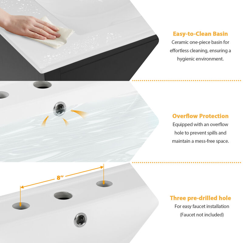 Modern 30-Inch Bathroom Vanity with  Ample Storage and Ceramic Sink - The Perfect Choice for Small Bathrooms