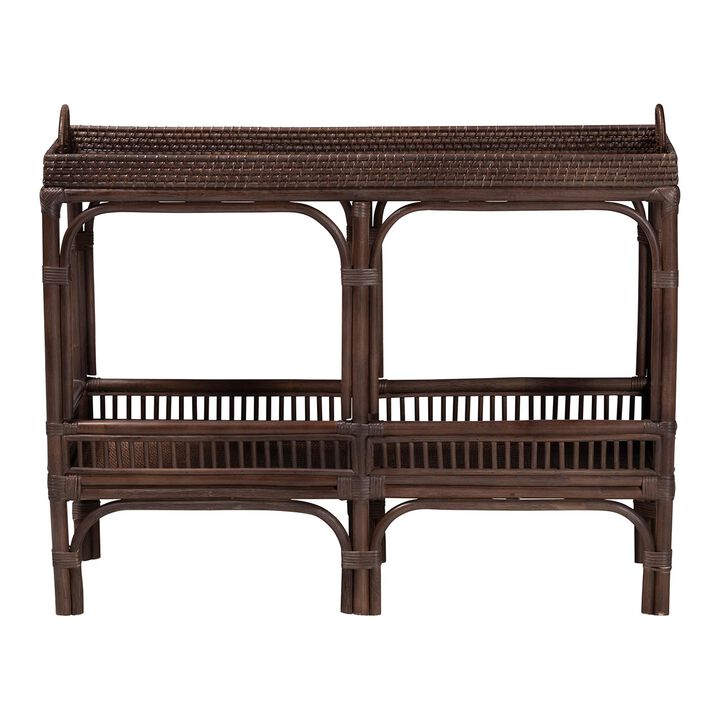 bali & pari Lombok Natural Rattan Console Table - Handwoven Wicker 2-Tier Accent Table with Raised Tray Top for Living Room or Entryway